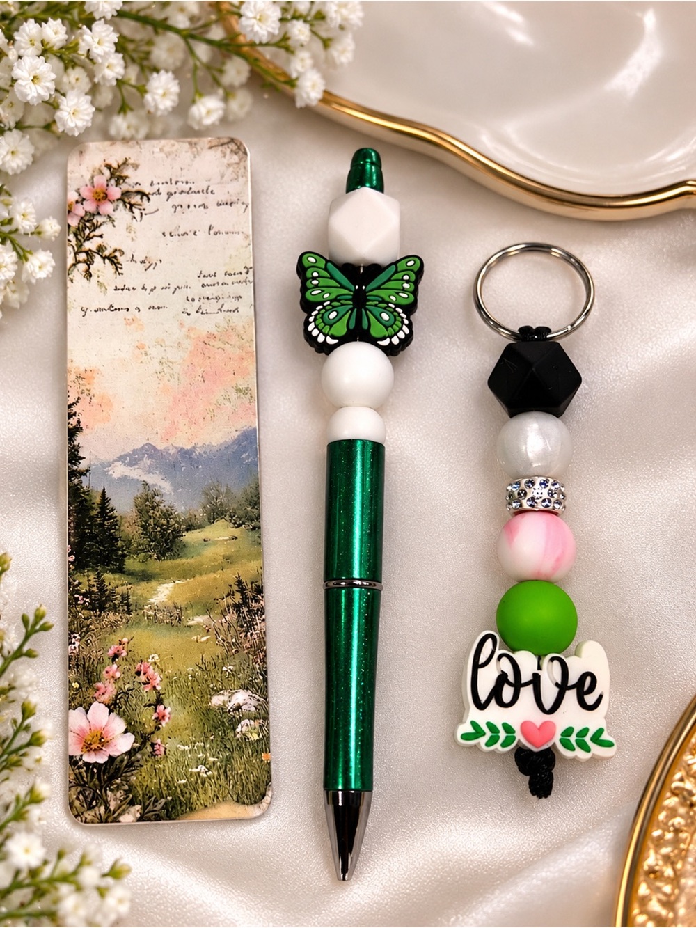 Green Butterfly Beaded Key & Card Holder Accessory